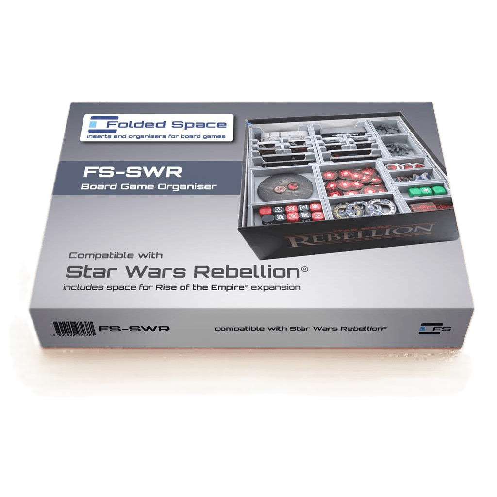 A Folded Space - Star Wars: Rebellion Insert by Folded Space is displayed on a white background, showcasing its compatibility with Star Wars: Rebellion and expansion, and showing the organizer holding various game components.