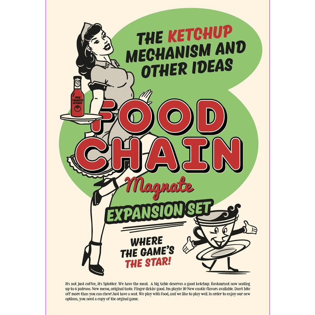 Box cover for Splotter Spellen’s Food Chain Magnate: The Ketchup Mechanism & Other Ideas features a retro woman with a tray of ketchup, a smiling cartoon bowl, and green and red text highlighting new game mechanics in the board game expansion.