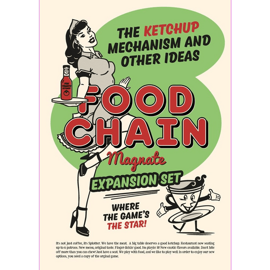 Box cover for Splotter Spellen’s Food Chain Magnate: The Ketchup Mechanism & Other Ideas features a retro woman with a tray of ketchup, a smiling cartoon bowl, and green and red text highlighting new game mechanics in the board game expansion.
