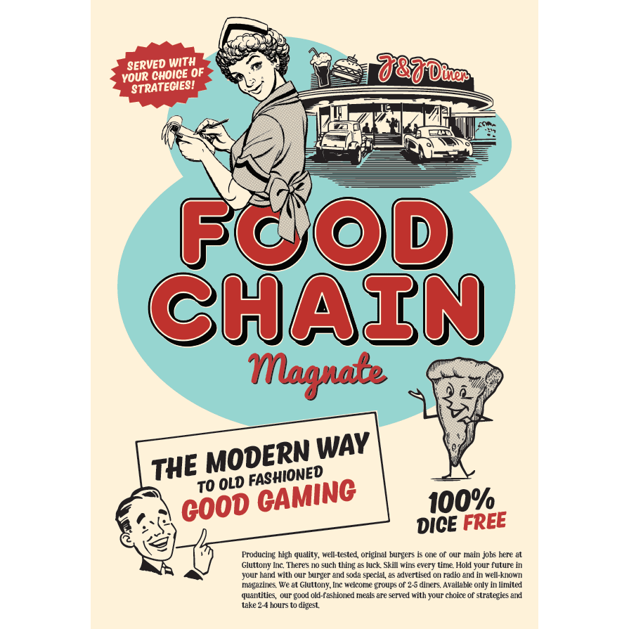 A vintage-style poster for Splotter Spellen’s Food Chain Magnate, showcasing a smiling waitress, diner scene, waving fries character, and bold text hailing it as “the modern way to old fashioned good gaming.”.