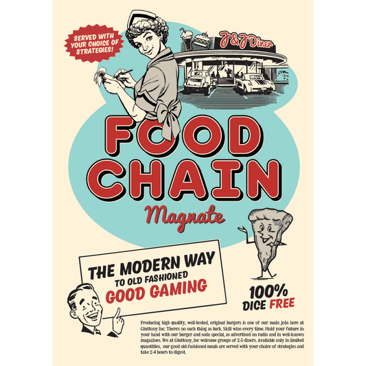 A vintage-style poster for Splotter Spellen’s Food Chain Magnate, showcasing a smiling waitress, diner scene, waving fries character, and bold text hailing it as “the modern way to old fashioned good gaming.”.