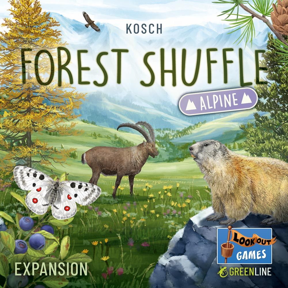 The box art for Forest Shuffle: Alpine Expansion by Lookout Games features alpine animals like ibex and marmot in a mountain meadow with butterflies, blueberries, pine trees, snowy peaks, and publisher logos—ideal for any gaming table.