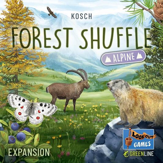 The box art for Forest Shuffle: Alpine Expansion by Lookout Games features alpine animals like ibex and marmot in a mountain meadow with butterflies, blueberries, pine trees, snowy peaks, and publisher logos—ideal for any gaming table.