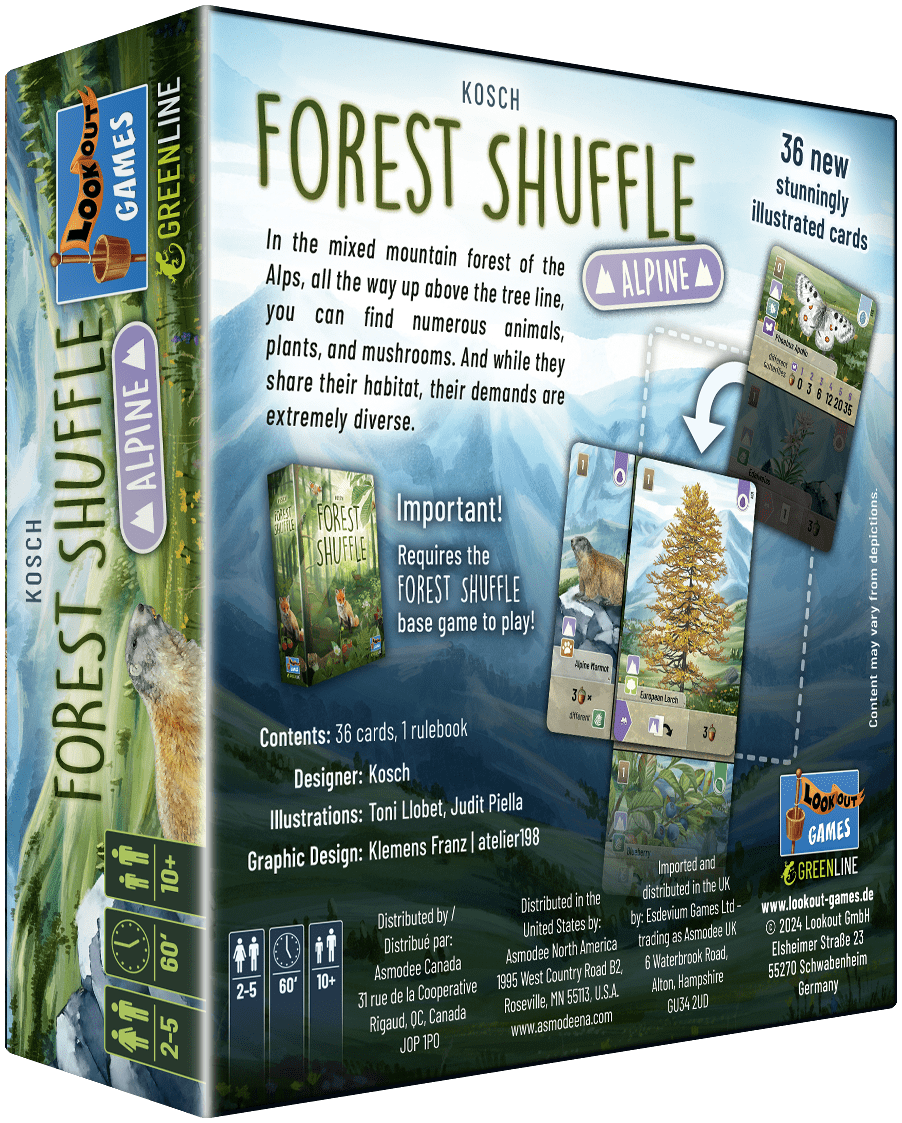 The Forest Shuffle: Alpine Expansion box by Lookout Games features illustrated animal and forest cards, game info, and a note that the base game is required. Artwork showcases mountains, trees, and Alpine wildlife—ideal for any gaming table.