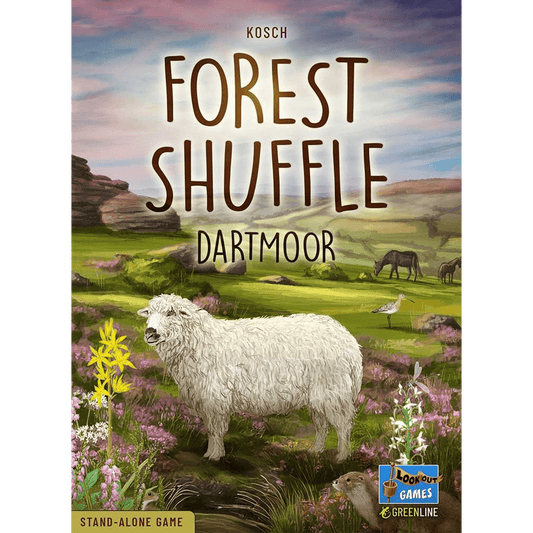The cover of Forest Shuffle: Dartmoor by Lookout Games shows a white sheep on grassy, flower-filled terrain with hills, birds, and butterflies in the background. The product name and publisher logo appear at the top and bottom.