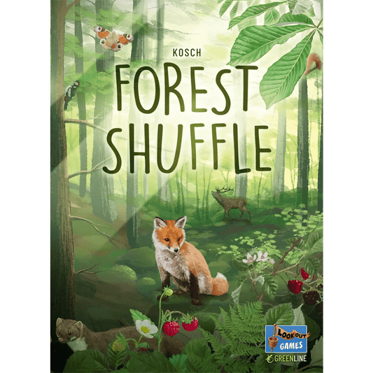 Illustrated cover for Forest Shuffle by Lookout Games shows a fox, squirrels, deer, and weasel in a lush, sunlit habitat. The game logo and Lookout Greenline mark appear at the bottom right.