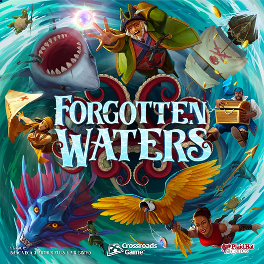 The illustrated cover of Forgotten Waters by Plaid Hat Games features pirates, a shark, giant octopus, sea dragon, ships, a parrot, and treasure swirling in a whirlpool around the title of this Crossroads Game.