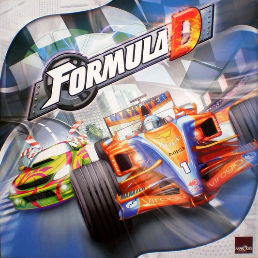 A vibrant illustration for Asmodee’s Formula D depicts dynamic orange-blue and green-yellow cars racing on a track, with the Formula D title boldly displayed above them against a stylized race backdrop.