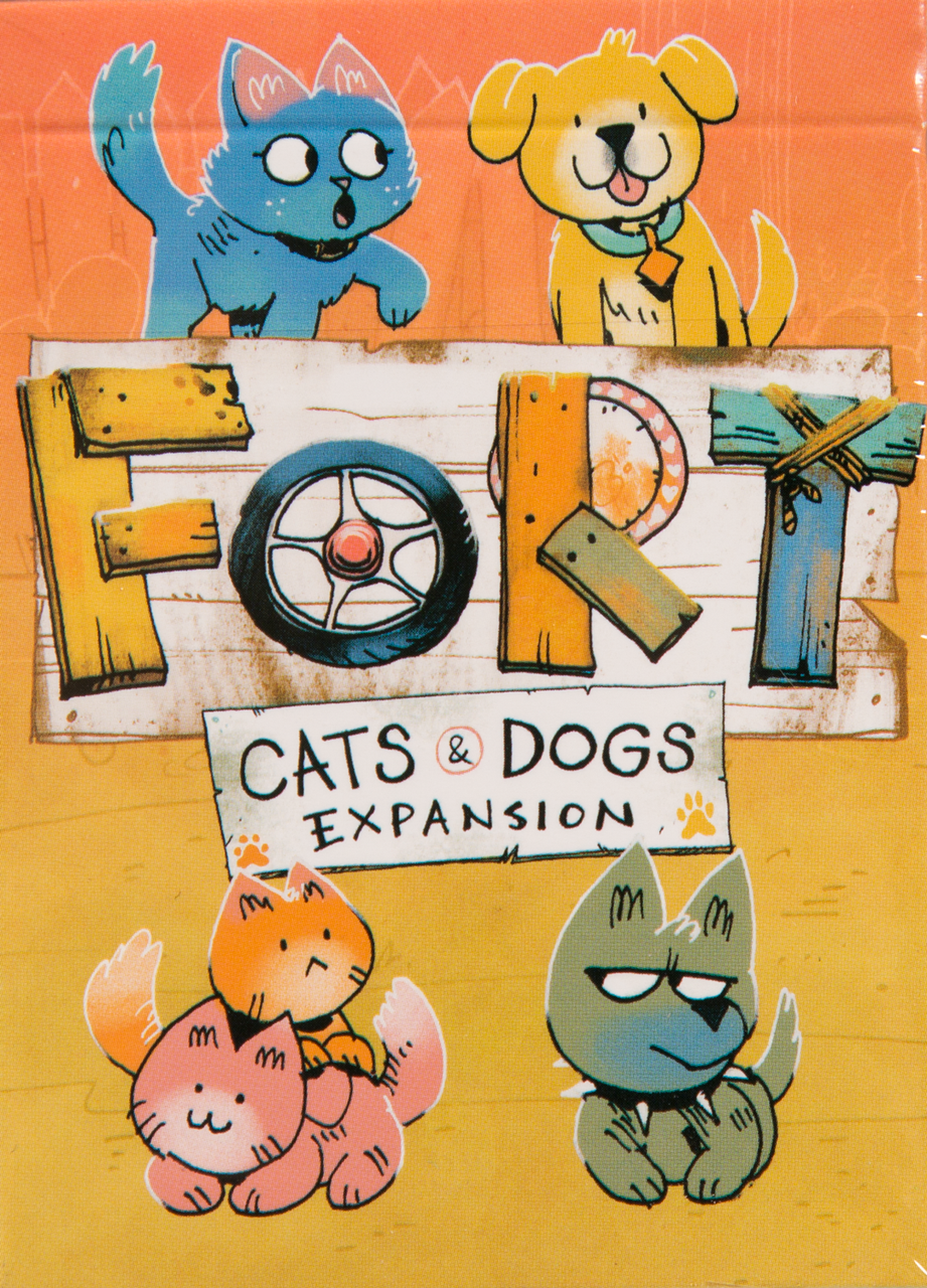 A vibrant illustration of cartoon cats and dogs surrounds a sign reading "Fort: Cats & Dogs Expansion" by Leder Games, with playful lettering styles and scattered paw prints—ideal for fans of this pet-themed board game expansion.