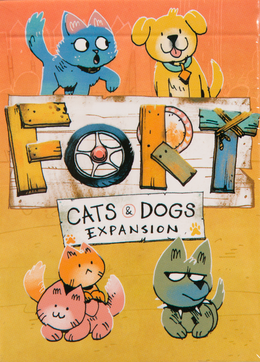 A vibrant illustration of cartoon cats and dogs surrounds a sign reading "Fort: Cats & Dogs Expansion" by Leder Games, with playful lettering styles and scattered paw prints—ideal for fans of this pet-themed board game expansion.