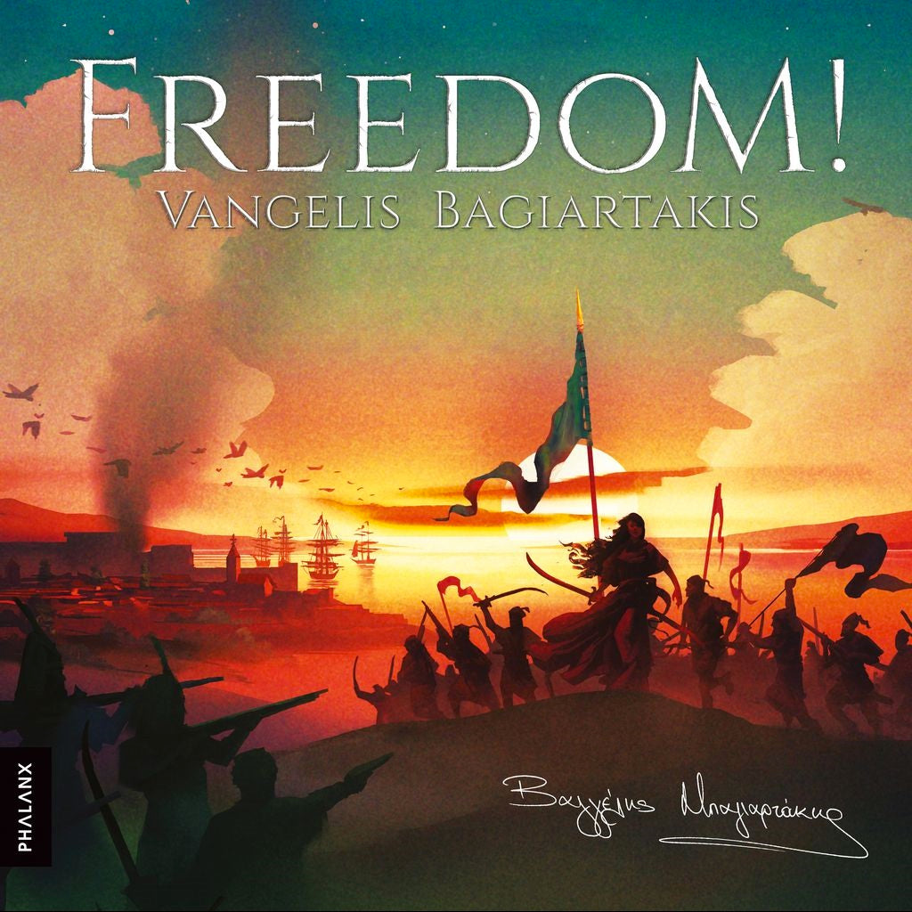 Cover art for the Freedom! Board Game by Phalanx features a dramatic sunset, armed figures with flags, ships in the distance, and a signature below. The bold title FREEDOM! recalls themes from the Greek War of Independence.