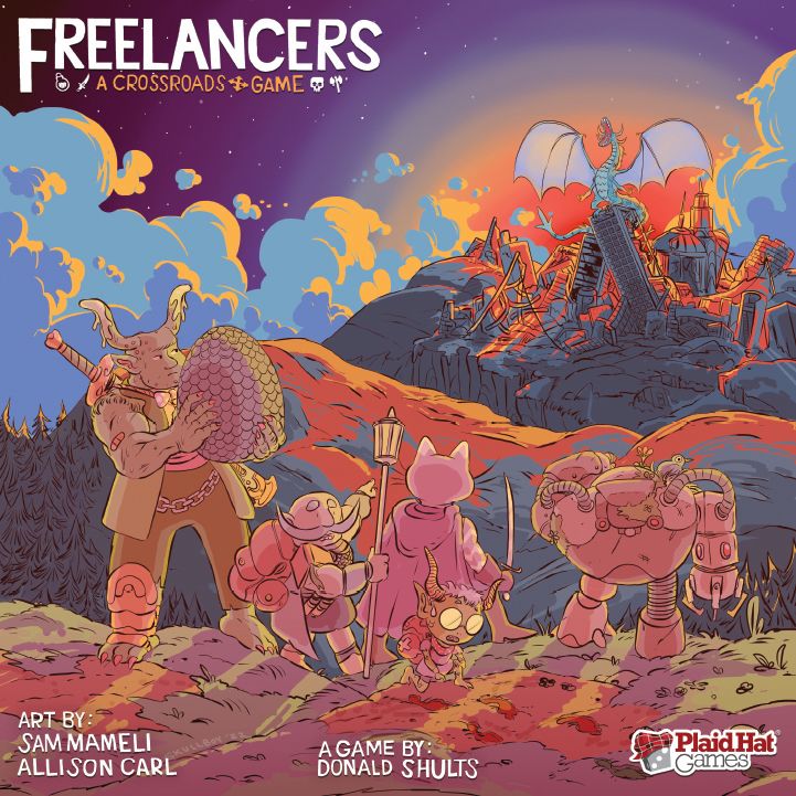 Four adventurers—a bear, pig, goat, and robot—stand at sunset before a volcano crowned by a blue dragon. Freelancers: A Crossroads Game by Plaid Hat Games offers cooperative storytelling and thrilling fantasy RPG adventures.