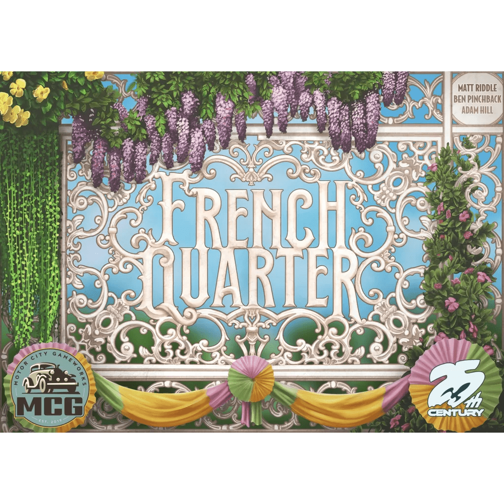 A decorative gate with "French Quarter" in bold letters, adorned with purple flowers and garlands, captures New Orleans charm. The 25th Century Games logo marks the product.