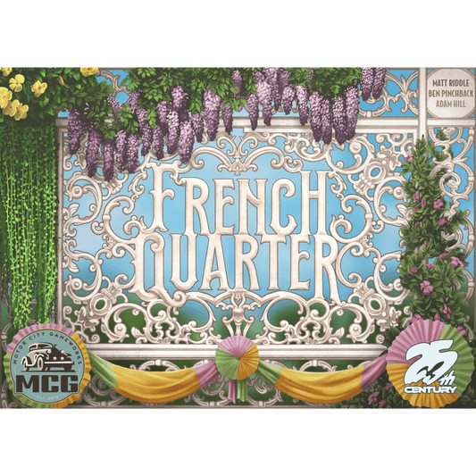A decorative gate with "French Quarter" in bold letters, adorned with purple flowers and garlands, captures New Orleans charm. The 25th Century Games logo marks the product.
