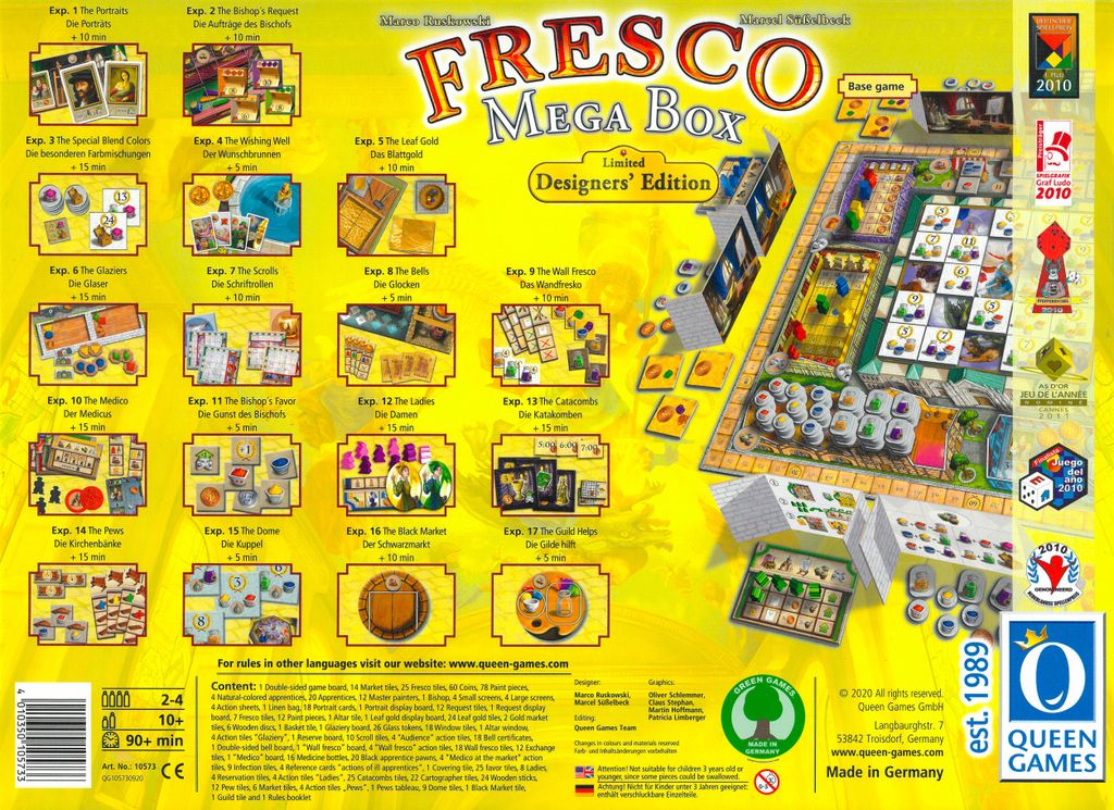 The back of the Fresco: Mega Box by Queen Games shows the game board, pieces, tiles, labeled expansion images, component details, publisher info, and vivid illustrations—ideal for fans of Renaissance-themed board games.