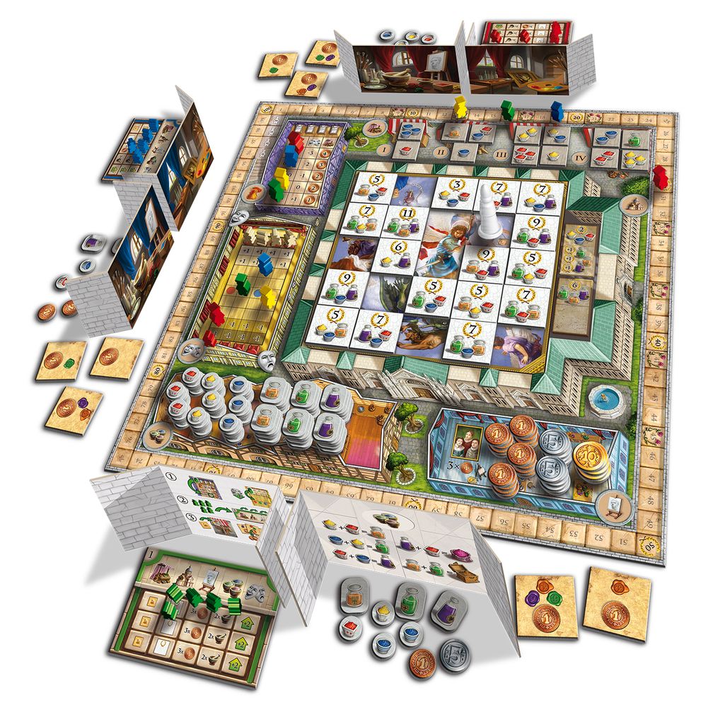 A vibrant Fresco: Mega Box board game setup by Queen Games features tokens, tiles, coins, and player screens around a central board with a card grid and tracks. All pieces and resources are neatly organized for play.