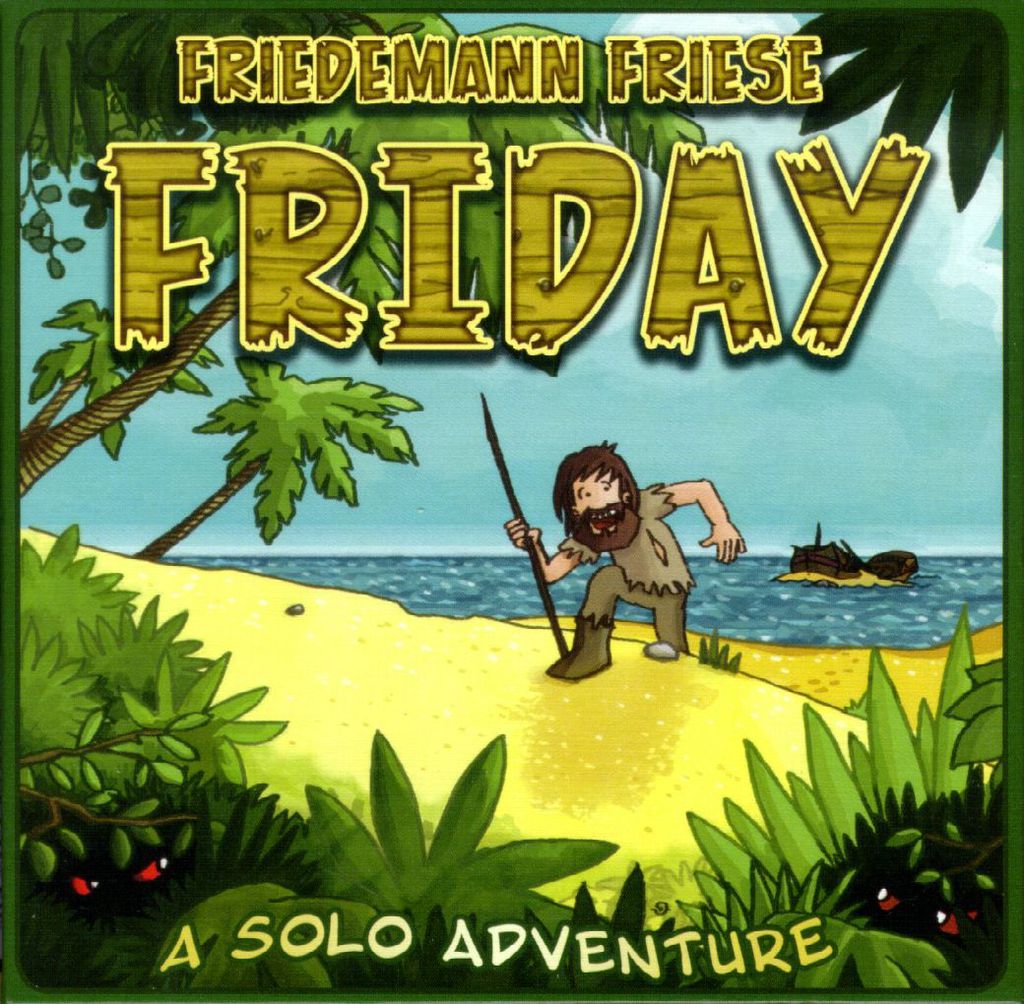 Illustrated cover of Friday by Rio Grande Games shows a bearded man with a stick on a beach, surrounded by jungle plants and a shipwreck. Text: Friday, A Robinson Crusoe-inspired solo adventure.