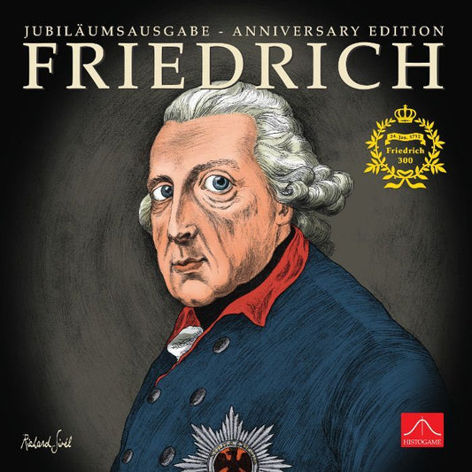 Illustrated portrait of an 18th-century Prussian leader with white hair, blue coat, and red collar. "Jubiläumsausgabe - Anniversary Edition FRIEDRICH EN/DE" by Histogame above, plus a gold Friedrich 300 emblem referencing the classic board game.