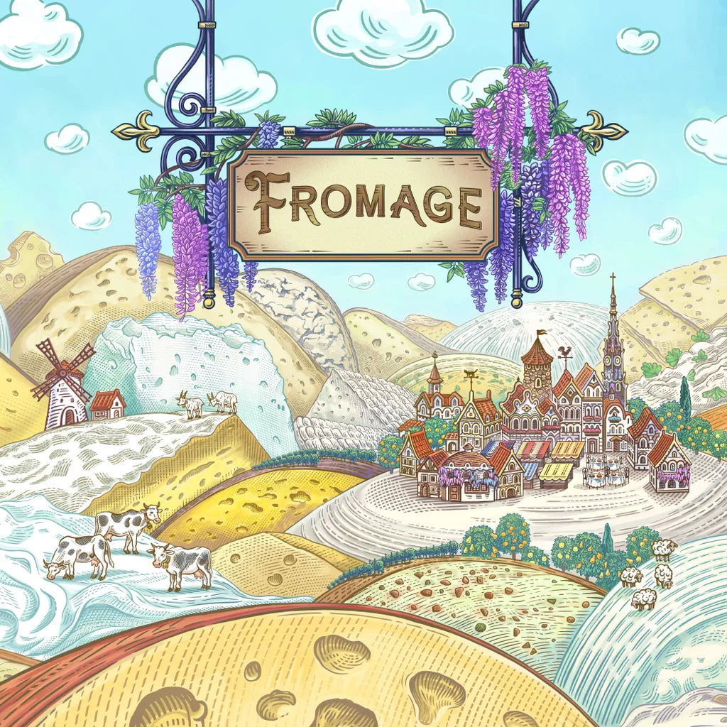 Whimsical illustration for "Fromage" by Road To Infamy Games: rolling cheese hills, grazing cows, a windmill, village, and a “Fromage” sign with purple flowers under a blue sky with fluffy clouds.