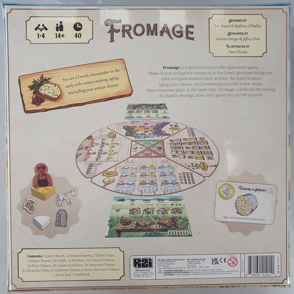 Back of the Fromage box by Road To Infamy Games (R2i Games), showing this worker-placement game where you play as a French cheesemaker, plus player info, a description, and images of the board, cards, tokens, and artisanal cheese art.
