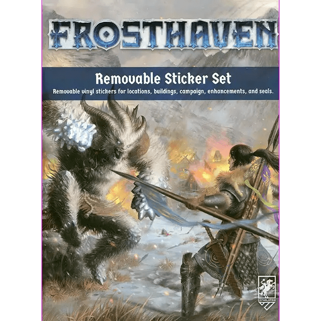 Cover of the Cephalofair Games Frosthaven: Removable Sticker Set shows a snowy village battle between a furry beast and an armored archer. The text highlights these removable stickers as essential board game accessories.