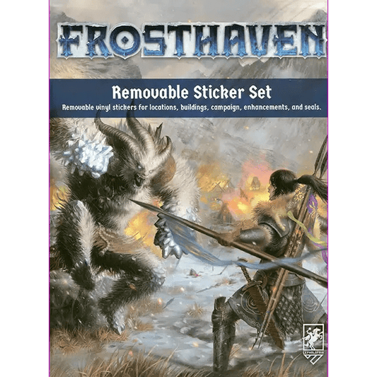 Cover of the Cephalofair Games Frosthaven: Removable Sticker Set shows a snowy village battle between a furry beast and an armored archer. The text highlights these removable stickers as essential board game accessories.
