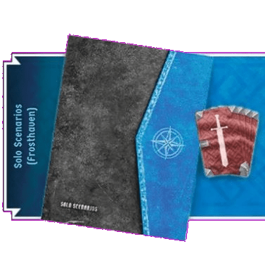 A booklet labeled Solo Scenarios from the Frosthaven Bundle by Cephalofair Games, with a textured black and blue cover, sits beside a red game token with a white sword on a blue background.