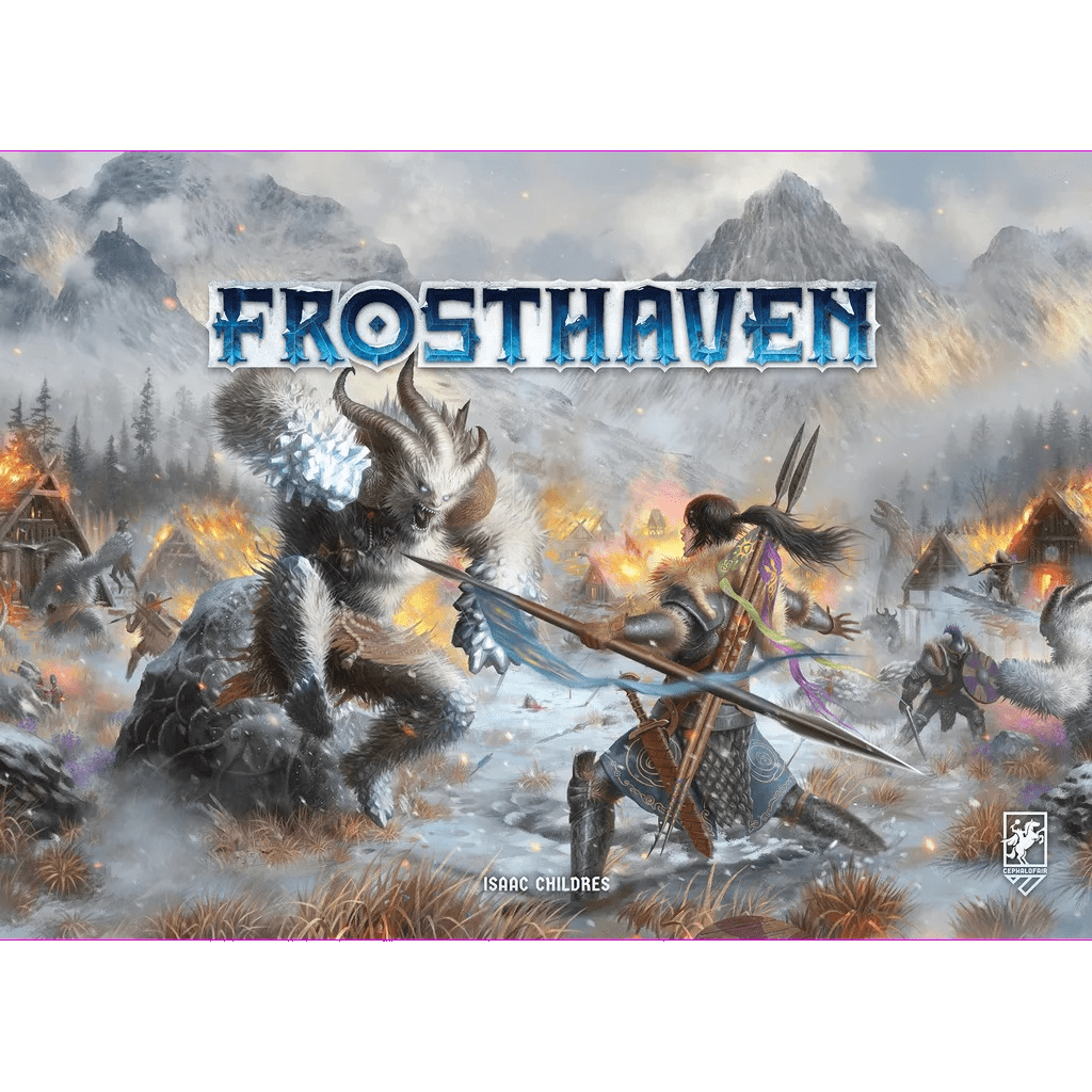 A fantasy scene of a warrior fighting a horned beast in a snowy village under siege features burning buildings and mountains, evoking the epic adventure of Cephalofair Games’ board game Frosthaven, with its icy title above.