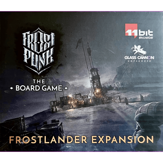 The image displays the cover of Frostpunk: The Board Game – Frostlander Expansion by Glass Cannon Unplugged, featuring a snowy industrial outpost and machinery from the board game.