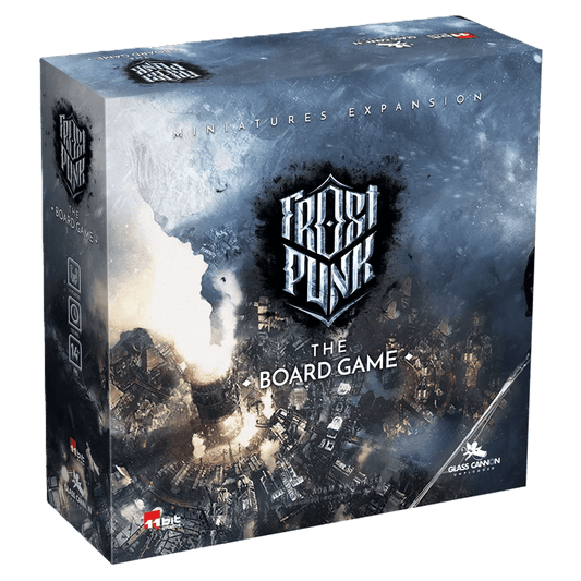 A box of Glass Cannon Unplugged's Frostpunk: The Board Game – Miniatures Expansion, featuring detailed miniatures and plastic markers, displayed against a frosty cityscape with the bold white logo on a dark background.