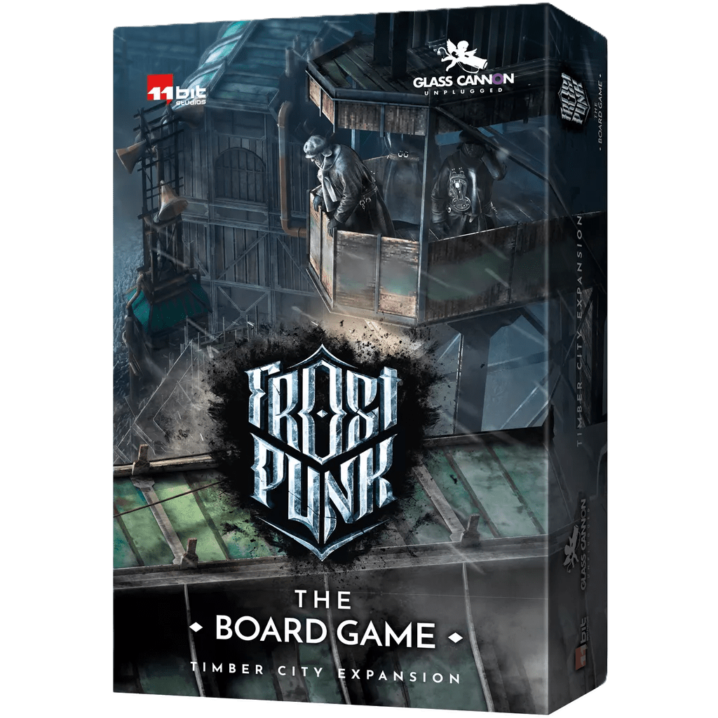 The Frostpunk: The Board Game – Timber City Expansion by Glass Cannon Unplugged features a box cover with icy buildings, two bundled figures, the game's frosty logo, and wooden building meeples hinting at new gameplay elements.