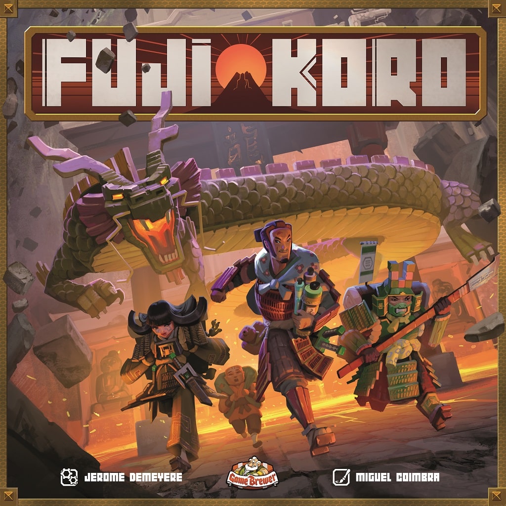 Three armored adventurers race through a Japanese temple, a green dragon behind them. The Fuji Koro title and volcano image crown the scene, promising epic samurai action. Fuji Koro is a Game Brewer board game.
