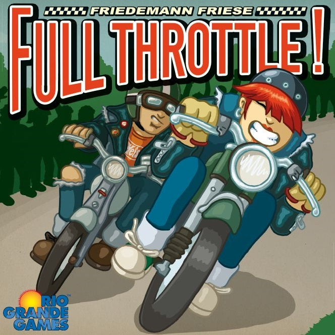 Two animated riders in leather jackets speed around a curve in this exciting moped racing game. "Full Throttle!" is boldly displayed above, with the Rio Grande Games logo in the lower left corner.