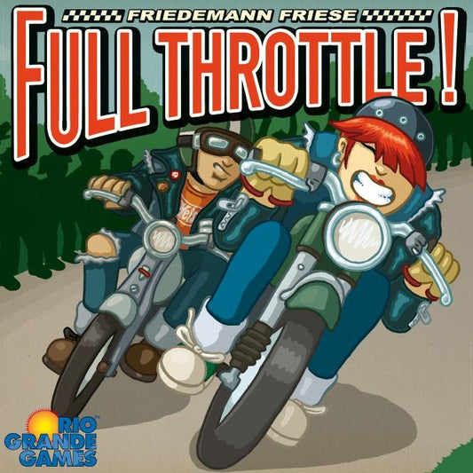 Two animated riders in leather jackets speed around a curve in this exciting moped racing game. "Full Throttle!" is boldly displayed above, with the Rio Grande Games logo in the lower left corner.
