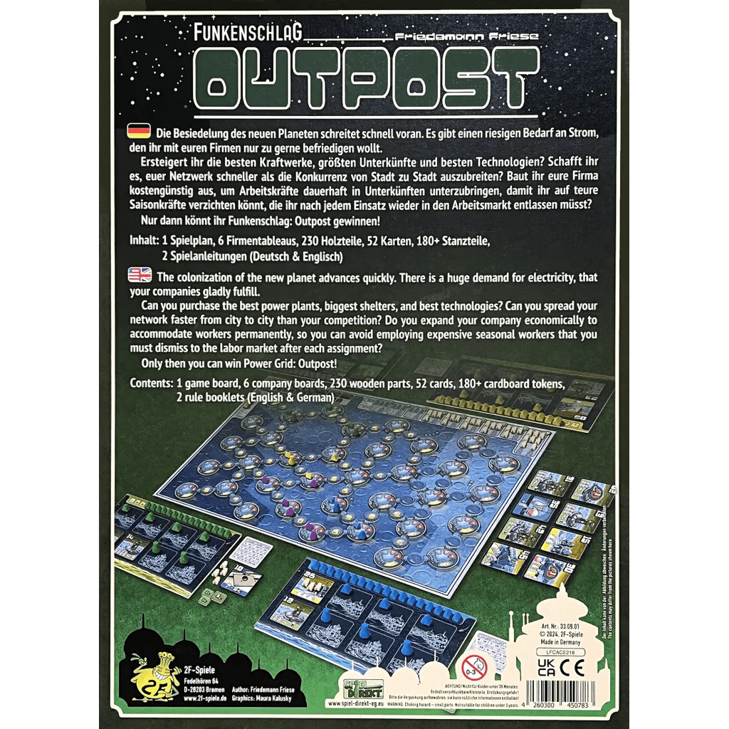 Back of the Funkenschlag Outpost (Power Grid Outpost) EN/DE by 2F-Spiele shows game info, components, description, and images of board, cards, tokens & power plants. Text in German & English with illustrated icons and layout.
