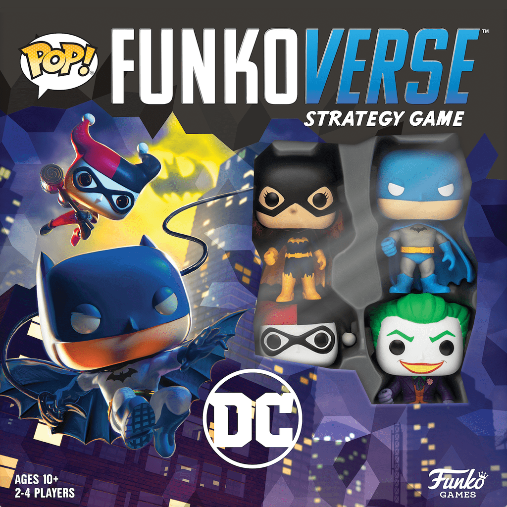 Box cover of the Funkoverse Strategy Game: DC Comics 4-Pack by Funko Games, featuring Pop! figures of Batman, Batgirl, Robin, and the Joker with comic-style art. For ages 10+, 2–4 players.