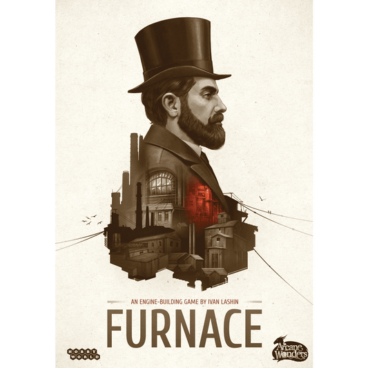 A sepia-toned illustration of a bearded 19th-century capitalist in a top hat, blending into factories and red-lit machinery. Text: Furnace, an engine-building Eurogame by Arcane Wonders.