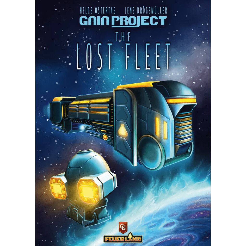 A futuristic spaceship and a drone soar past stars and a planet. The text reads “Gaia Project: The Lost Fleet Expansion,” hinting at new factions in this Capstone Games release by Helge Ostertag and Jens Drögemüller.