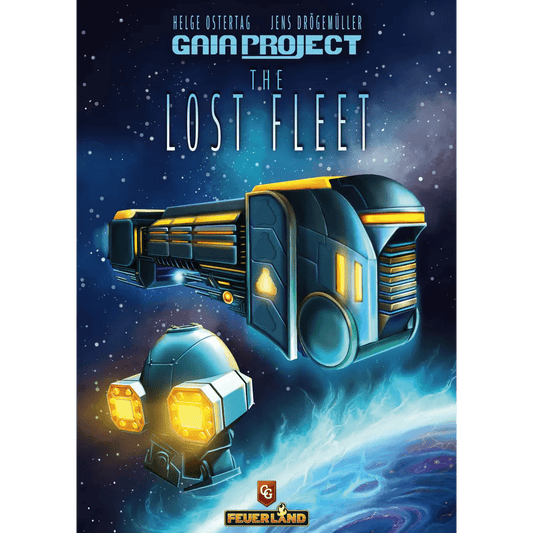 A futuristic spaceship and a drone soar past stars and a planet. The text reads “Gaia Project: The Lost Fleet Expansion,” hinting at new factions in this Capstone Games release by Helge Ostertag and Jens Drögemüller.