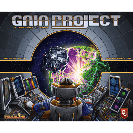 A person in a spacesuit sits at a control panel inside a spaceship, gazing at a colorful planet and satellite. Surrounded by screens, the text "Gaia Project (Second Edition) – Capstone Games" appears above.