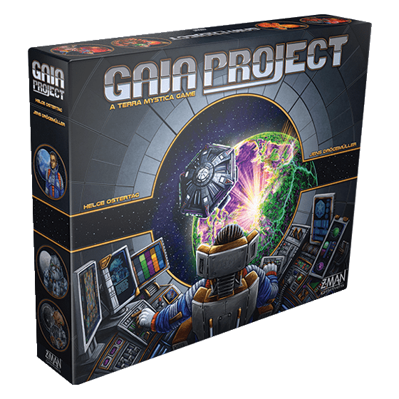 The Gaia Project (A Terra Mystica Game) box from Z-Man Games features an astronaut at a control panel, looking out at a spaceship and vibrant cosmic scene, with the title prominently shown at the top.