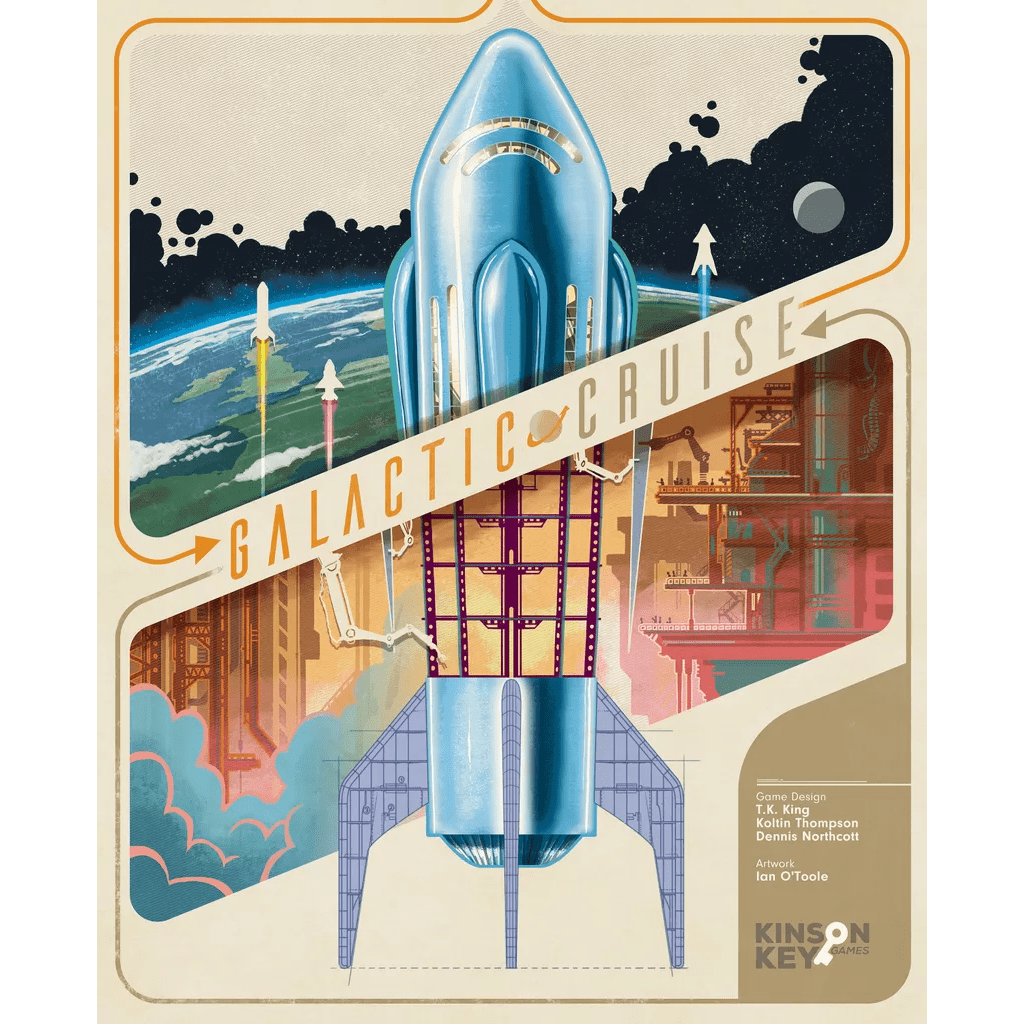 A retro-style poster features a blue rocket launching from a spaceport as people board for their vacation, with "Galactic Cruise Bundle" by Kinson Key Games across the rocket. Earth and smaller rockets appear in the background.