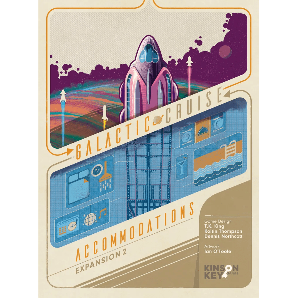 A stylized poster for the Galactic Cruise Bundle by Kinson Key Games shows a retro-futuristic rocket launching with colorful trails and blueprints, evoking a space vacation. Artwork credits are listed below.