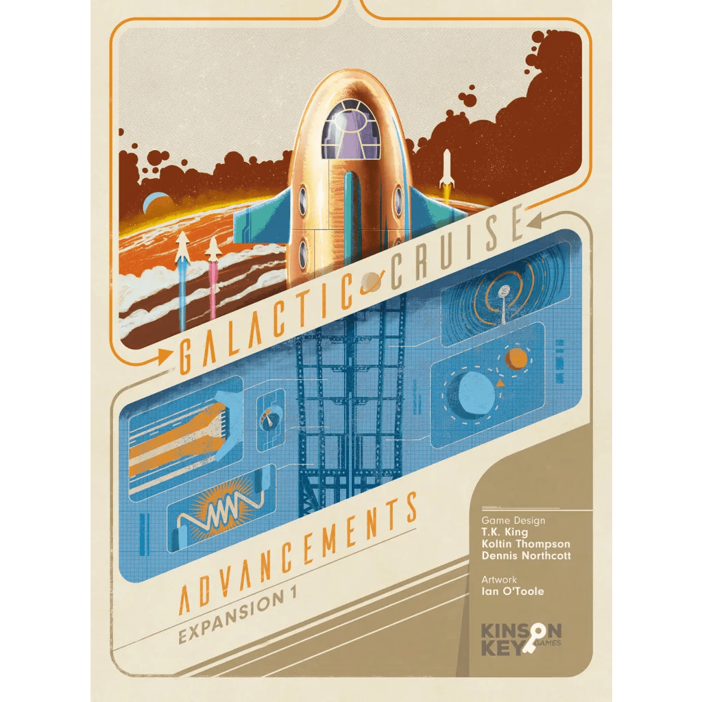 The Galactic Cruise Bundle by Kinson Key Games features an illustrated box with a retro rocket launch, cosmic backdrop, and blueprint details. Game design and artwork credits appear inside a gold box.