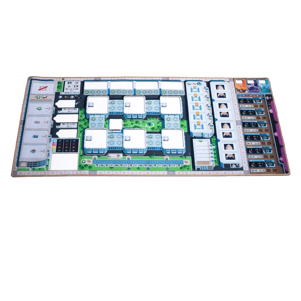 The Galactic Cruise: Neoprene Playmat by Kinson Key Games features illustrated sections, grids, icons, and colorful zones for cards or pieces—ideal as a premium board game playmat or paired with marketing boards and punchouts.