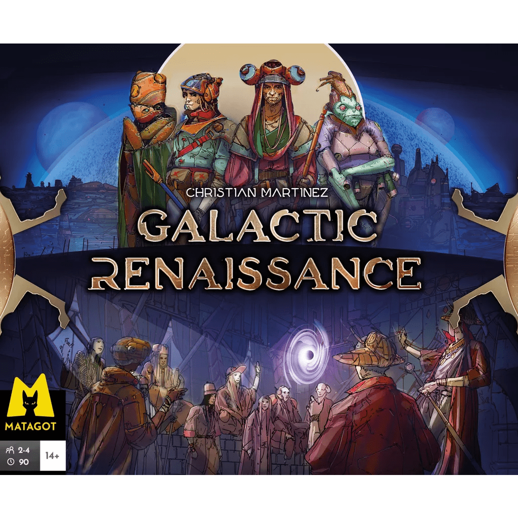 Box cover for Galactic Renaissance by Matagot, featuring diverse aliens in elaborate outfits and hats set before a futuristic city and swirling portal, part of a political trilogy by Christian Martinez. Matagot logo appears in the corner.