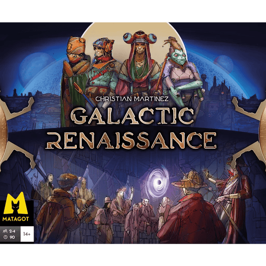 Box cover for Galactic Renaissance by Matagot, featuring diverse aliens in elaborate outfits and hats set before a futuristic city and swirling portal, part of a political trilogy by Christian Martinez. Matagot logo appears in the corner.