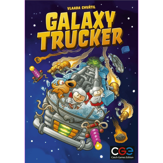 Colorful illustration of the Galaxy Trucker (2021 edition) board game cover by Czech Games Edition (CGE), showing two astronauts and a dog piloting a makeshift spaceship through space with asteroids, debris, and bold yellow title.