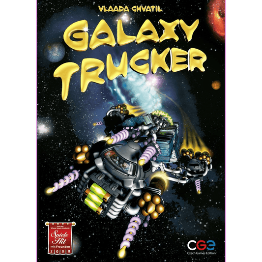 The cover of Galaxy Trucker by Czech Games Edition (CGE) features a cartoon spaceship built from assorted parts zooming through space, with stars and planets around it. The game’s title is displayed in large, yellow bubble letters at the top.