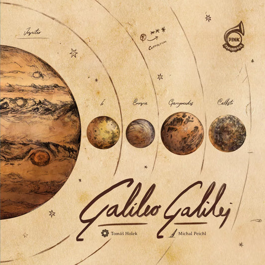 An illustrated cover for Pink Troubadour’s Galileo Galilei board game, featuring Jupiter and its four largest moons with orbits, handwritten names, and "Galileo Galilei" in large script at the bottom.
